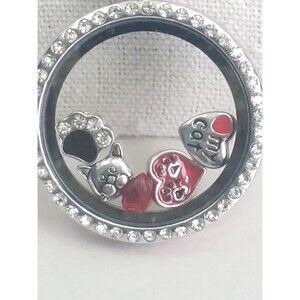 Cat Lover Floating Charm Pendant Necklace Silver Tone Love My Cat Paw Print 27”